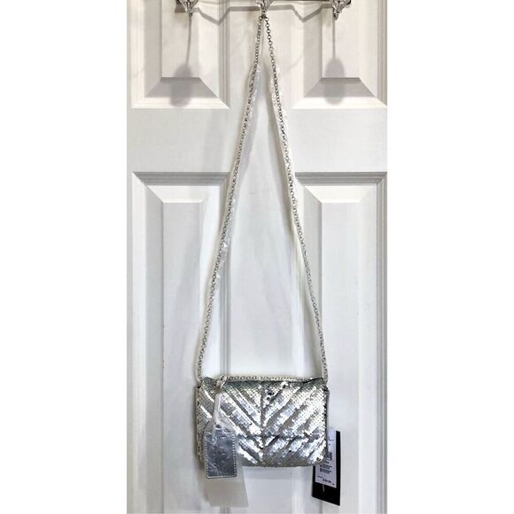 NICOLE MILLER - NWT - Silver Sequined & Vegan Leather Evening Bag. SPARKLY! ♥️ - Picture 3 of 16